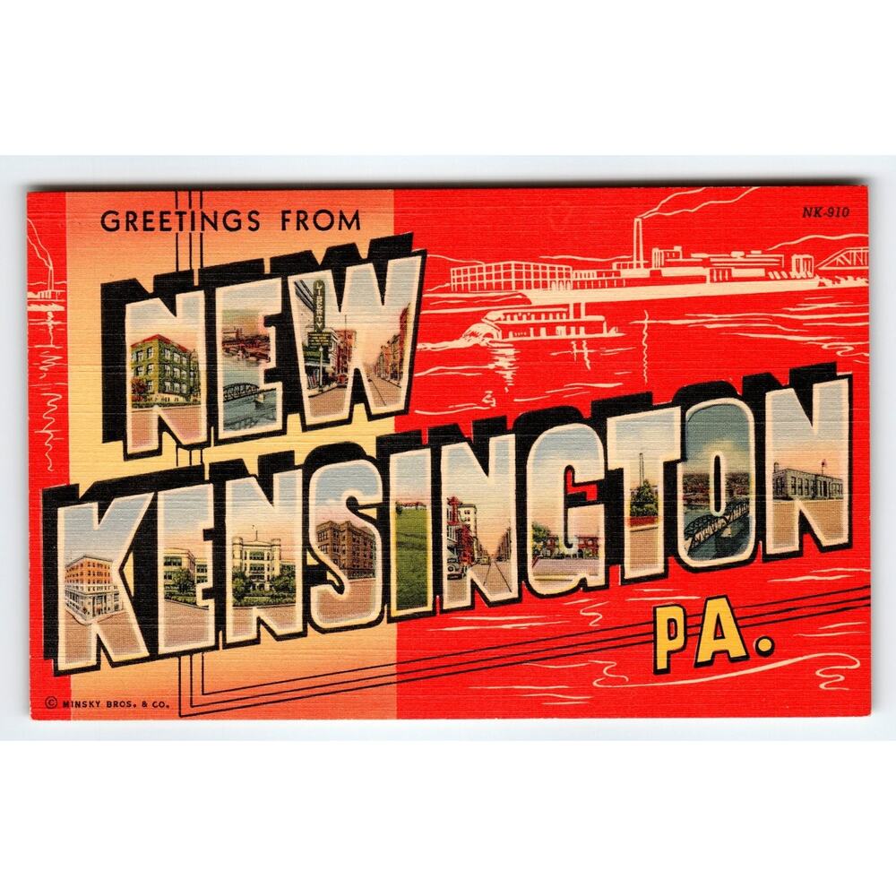 Vintage Large Letter Greetings From New Kensington PA Linen Postcard Minsky Bros